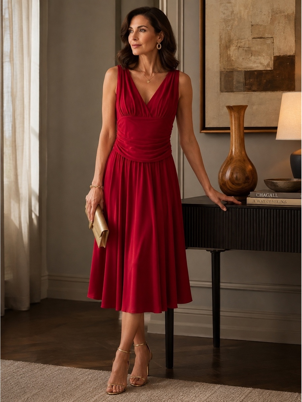 NWT Joseph Ribkoff Ruby Ruched Fit Flare Midi Dress Sz 14 Made Canada